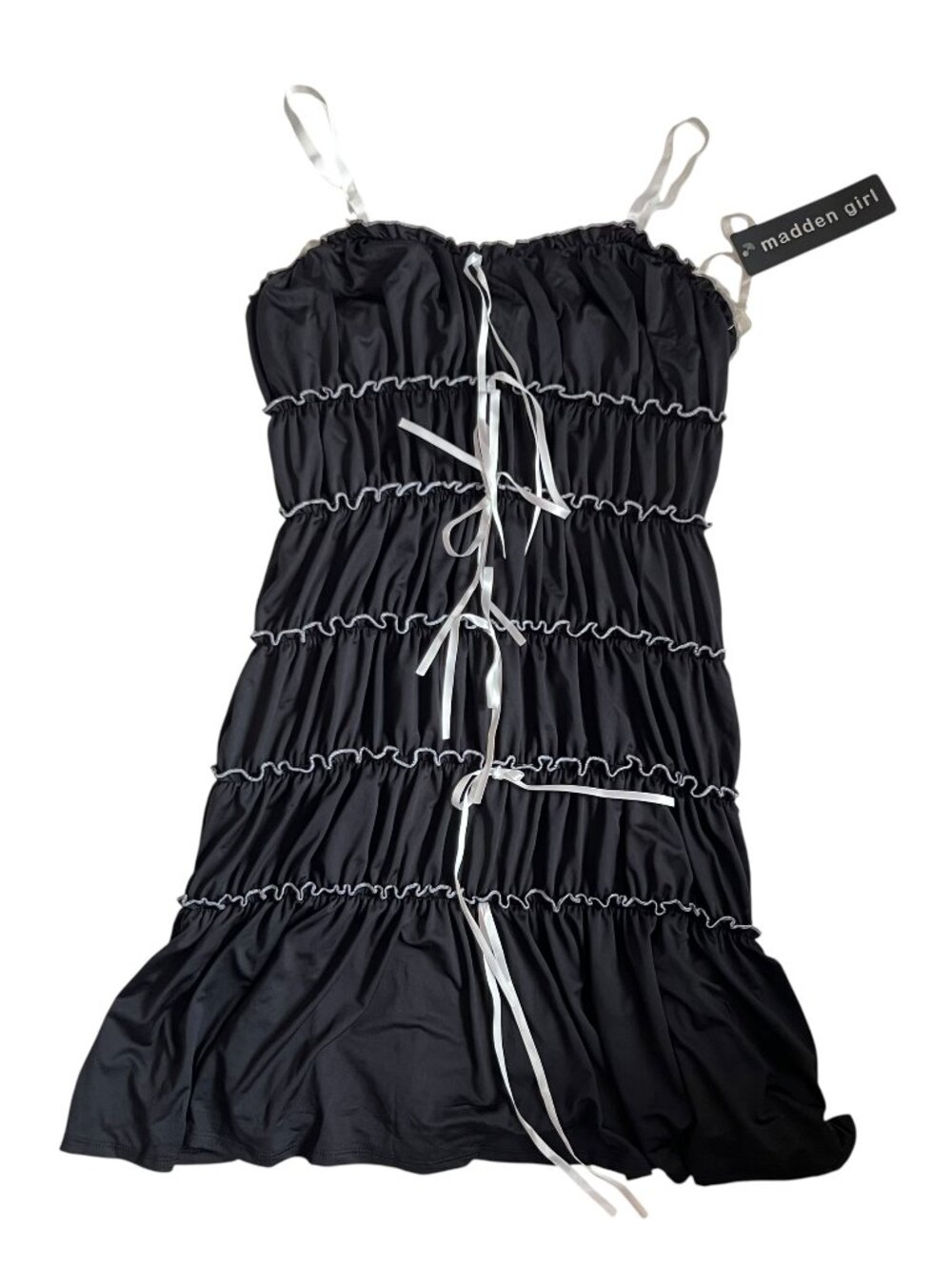 Madden Girl mini dress Medium black white trim ruffles bows sleeveless tiered